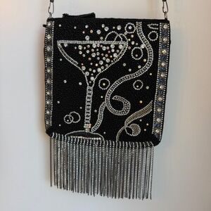 Mary Frances Touch of Bubbly Beaded Bag Black Rhinestone Fringe Novelty Purse